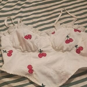SHEIN White Bralette with Cherry Embroidery